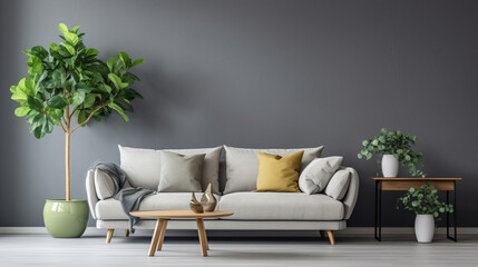 High-quality photo of a modern living space, featuring a bright and spacious room with a comfortable sofa, greenery, and refined accessories against a sophisticated gray wall.