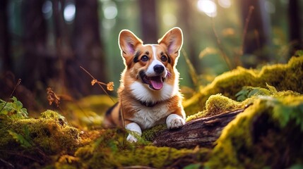 Cute pembroke welsh corgi with tongue out resting while lying in the forest