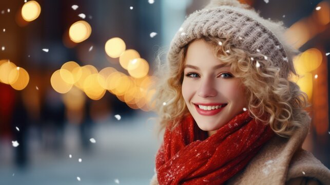 A beautiful young woman smiles in warm clothing with a blurred snowy city street background. Concept photo of holidays, Christmas, winter, and people