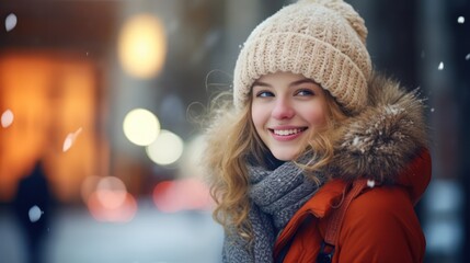 A beautiful young woman smiles in warm clothing with a blurred snowy city street background. Concept photo of holidays, Christmas, winter, and people