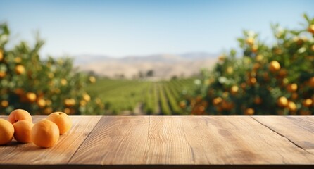 wooden table in an orange orchard - obrazy, fototapety, plakaty