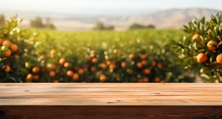 wooden table in an orange orchard