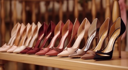 women high heel shoes are lined up in row and hung on rack - Powered by Adobe