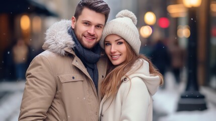 Romantic young couple in warm clothes on blurred snowy city street background. Concept photo of holidays, Christmas, winter, and people