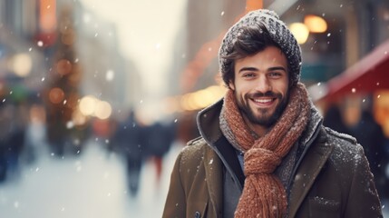 A smiling young man in attractive winter clothing against a blurred snowy city street background. Concept photo capturing holidays, Christmas, winter, and people