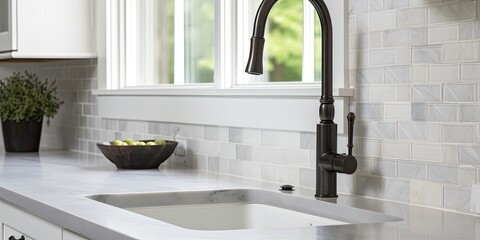 Detail shot of a farmhouse kitchen sink with black faucet, mosaic tile backsplash, marble...