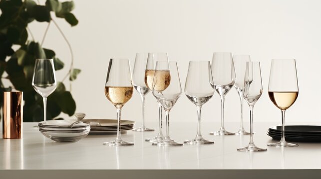  a group of wine glasses sitting on top of a table next to a plate of food and a glass of wine in front of a potted houseplant.
