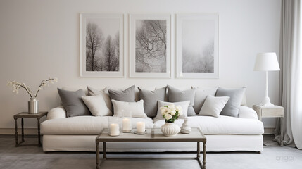 Fototapeta na wymiar Soft and inviting grey sofa adorned with a symphony of throw pillows in a pristine white living room interior.