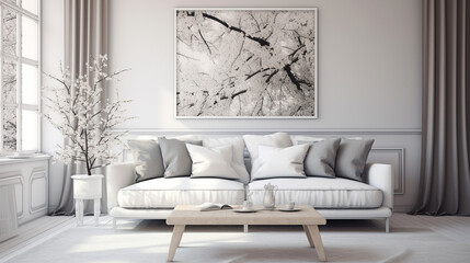 High-quality photo capturing the serene allure of a white living room, featuring a comfortable grey sofa and matching pillows.