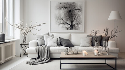 Contemporary comfort in a white living room with a focus on a stylish grey sofa and an array of coordinating throw pillows.