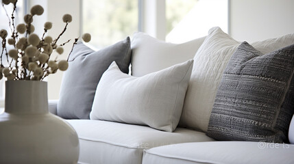 Captivating details of a grey sofa's texture and the artful arrangement of throw pillows in a bright white living room.