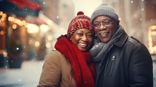 Romantic senior African couple in warm clothes against the backdrop of blurred snowy city streets. Concept photo of holidays, senior couple, Christmas, winter and people