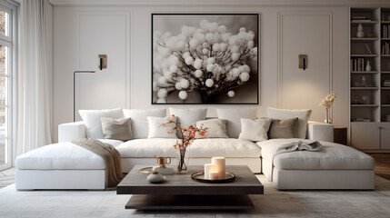 Inviting warmth emanating from a grey sofa surrounded by plush pillows in a modern white living room.