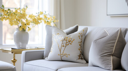 Detail-oriented shot showcasing the allure of a grey sofa paired with an assortment of decorative pillows in a white living room.