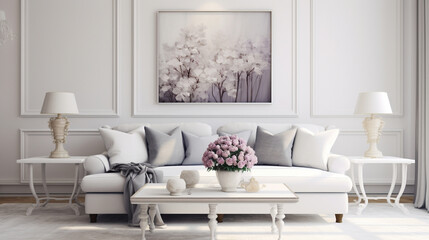 A captivating scene of a white living room with a grey sofa and carefully arranged throw pillows.