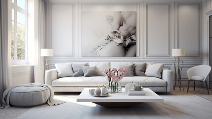 Fototapeta na wymiar Serenity exuding from a white living room, featuring a plush grey sofa and matching throw pillows.