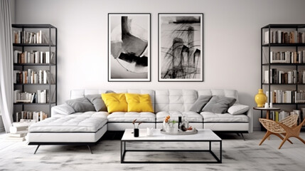 Subdued tones of a grey sofa merging seamlessly with the bright ambiance of a white living room.