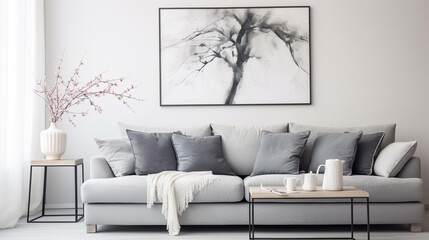 Picture-perfect grey sofa adorned with cushions in a contemporary white living room interior.