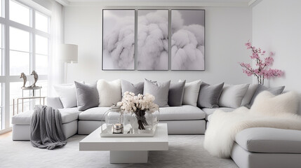 Inviting grey sofa surrounded by fluffy pillows in a pristine white living room.
