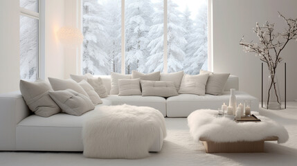 Inviting grey sofa surrounded by fluffy pillows in a pristine white living room.