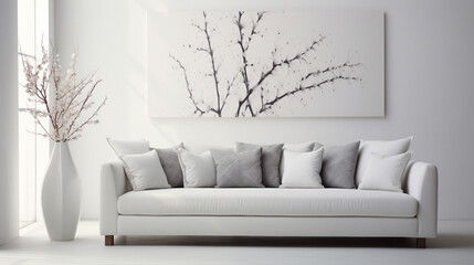 A minimalist white interior featuring a stylish grey sofa embellished with neatly arranged pillows.