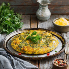 A plate of Persian kuku sabizi, a baked herb omelet, in a rustic setting. - obrazy, fototapety, plakaty