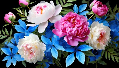 a close up of a bunch of flowers on a black background with pink and white peonies and blue leaves generative ai