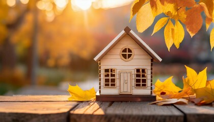 miniature wooden house with yellow leaves on a sunny autumn day real estate and affordable housing concept mortgage loan and insurance of apartments selling and buying home sunset