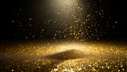twinkling golden glitter falling on a flat surface lit by a bright spotlight