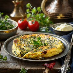 A plate of Persian kuku sabizi, a baked herb omelet, in a rustic setting.