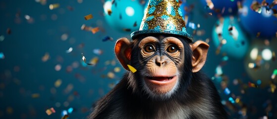 Happy Birthday, carnival, New Year's eve, sylvester or other festive celebration. Monkey in party hat with confetti on blue background. - obrazy, fototapety, plakaty
