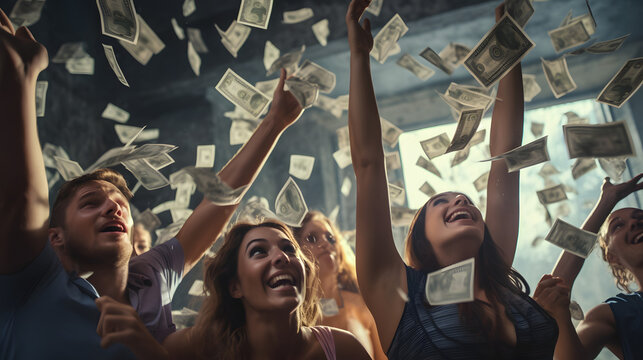 A Group Of Friends Joyfully Throwing Money In The Air.