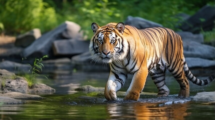 Amur tiger walking in the water. Dangerous animal, taiga, Russia. Animal forest stream generative ai