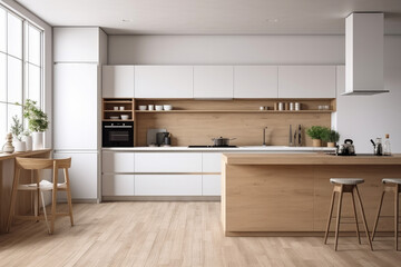 Modern kitchen with combination of light wood and white elements. Copyspace concept