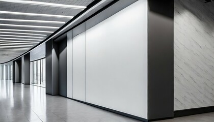perspective view of blank light wall with place for poster or banner in a modern office corridor interior 3d rendering mockup