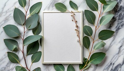 frame made of eucalyptus leaves on marble background wedding invitation card mockup minimal style