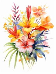 Vivid and Colorful Exotic Tropical Flowers Bouquet on White Canvas AI Generated