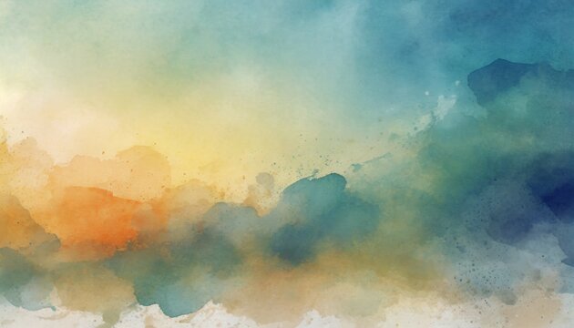 colorful watercolor background of abstract sunset sky with paint blotches and soft blurred texture in blue green yellow beige and orange border in gradient paint colors