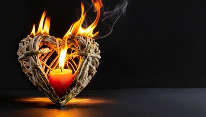 the sacred heart a burning heart on black background with copy space