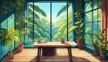 lofi empty interior messy desk window view of a forest jungle anime manga style colorful study lo fi desk cozy chill vibe hip hop atmoshperic lighs stars 4k wallpaper - obrazy, fototapety, plakaty