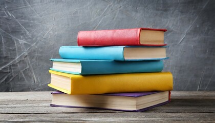 color books on grey wooden background
