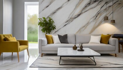 copy space on a neutral marble table in a modern bight living room with a large comfy couch