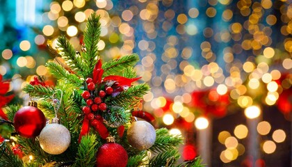 Fototapeta na wymiar christmas tree with baubles and blurred shiny lights