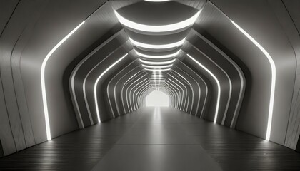 futuristic architecture background empty geometric interior with glowing lamps in dark tunnel 3d...