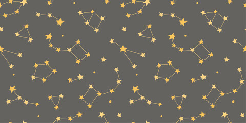 Seamless pattern with constellations on a dark sky background. Abstract space with stars. Vector graphics. - obrazy, fototapety, plakaty