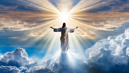 the resurrected jesus christ ascending to heaven above the bright light sky and clouds and god...
