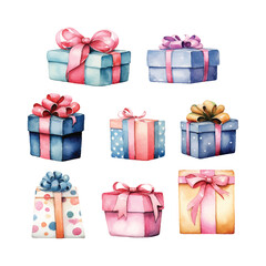 watercolor set of  colorful birthday gift boxes