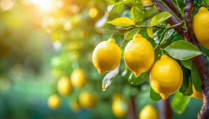 fresh ripe lemons hanging on a lemon tree branch in sunny garden generative ai background copy space - obrazy, fototapety, plakaty