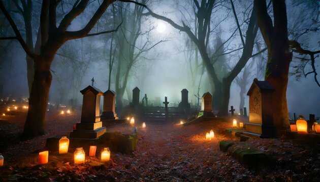 graveyard in spooky death forest at halloween night
