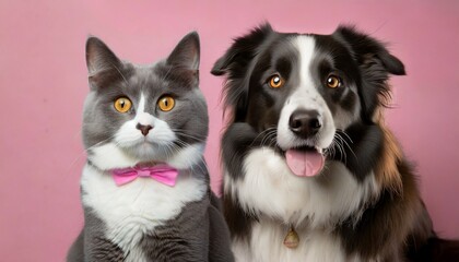 portrait of a british shorthair cat and a border collie looking at the camera on a pink background